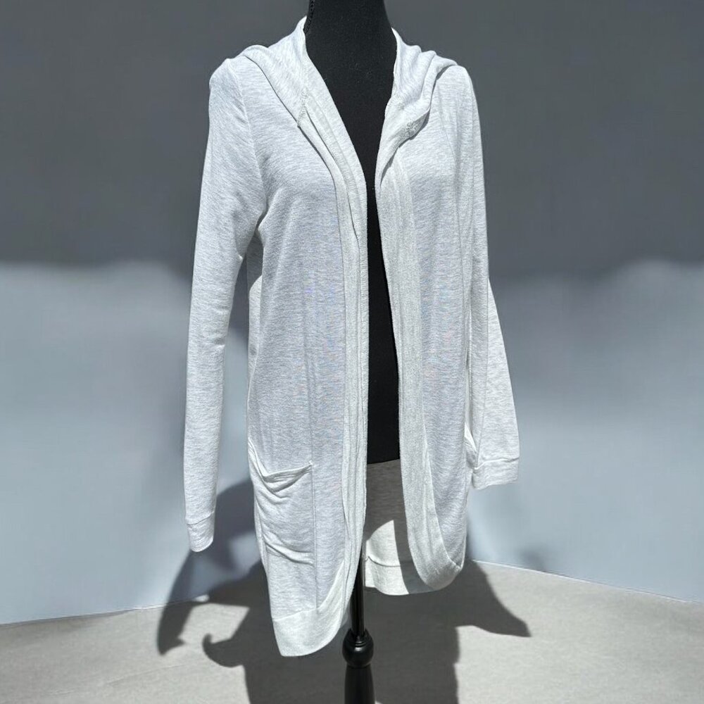 Light Gray Open Front Hooded Cardigan with Pockets